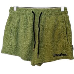 Native Language Sherpa Green Fleece Waist Tie Towel Shorties Women's Sz Medium